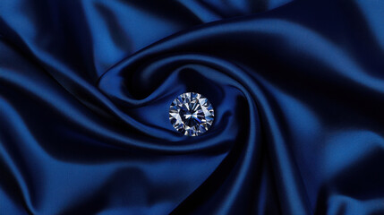 Dazzling Brilliance: A radiant, precisely cut diamond rests delicately on a swirl of luxurious, deep blue fabric, creating a captivating contrast between the hard gem and the soft cloth.