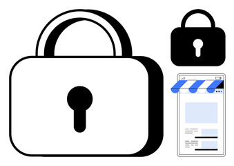 Large padlock symbolizing security alongside a browser with a security ribbon. Ideal for online safety, encryption, cybersecurity, data privacy, internet protection, access control, flat simple
