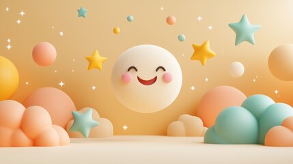 Fun laughter positivity burst. A cheerful, abstract scene featuring a smiling sun, soft pastel-colored clouds, and stars against a warm background, evoking joy and playfulness.