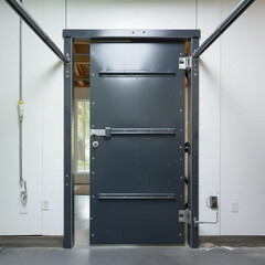 A modern industrial door with metal frame and security features, partially open, showcasing a minimalist and functional design.