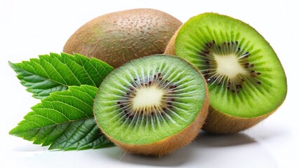 Fototapeta premium Fresh Kiwi Fruit with Leaves, Isolated on White Background – High-Resolution Stock Photo