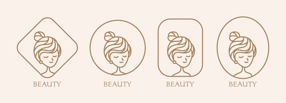 Set logo of lady woman beautiful power in simple minimalist line outline brown beige earth tone for woman's day female beauty business branding identity