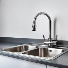 A modern kitchen sink with a sleek chrome faucet and dual stainless steel bowls, showcasing a clean and minimalist design in a contemporary kitchen.