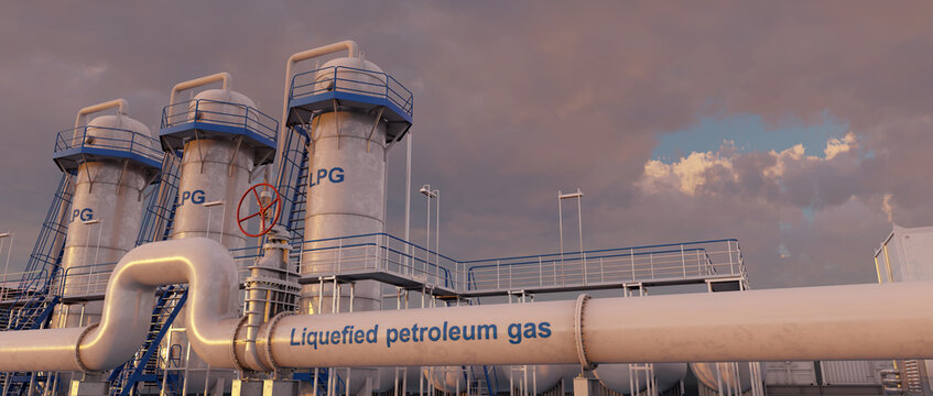 View of the fractionation towers at a Liquefied Petroleum Gas (LPG) factory, which separate hydrocarbon gases derived from crude oil refining. 3d illustration