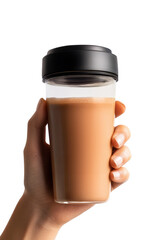 チョコレート味のプロテインドリンクを持ってる手のクローズアップ写真 A person's hand holding a clear plastic shaker bottle with a chocolate protein drink