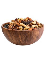 Obraz premium A wooden bowl filled with a mix of nuts and dried fruits, png