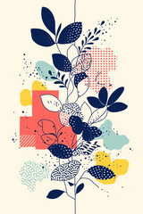 Naklejka premium Botanical Abstraction: An artistic depiction of a plant featuring various leaf and floral elements intertwined with geometric shapes and vibrant color palettes.