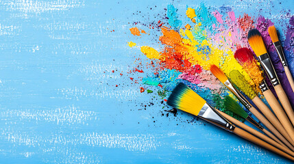 Obraz premium A colorful arrangement of paintbrushes lies on a textured blue background, showcasing vibrant splashes of paint