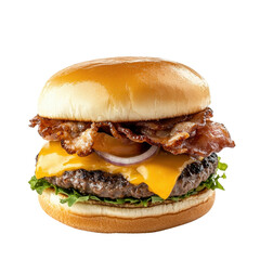 Juicy burger with cheese, bacon, lettuce, and tomato on a bun, white isolate background