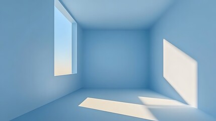 Serene Blue Room Minimalist 3D Render Sunlight