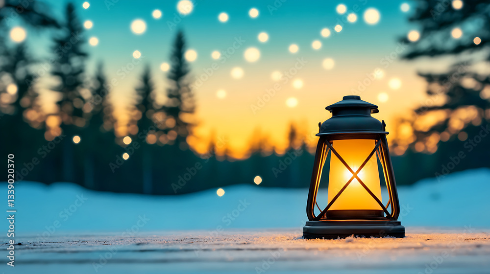 Poster a glowing lantern sits on a snowy surface, with a serene sunset and twinkling lights in the backgrou