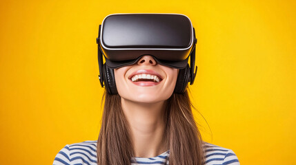 Fototapeta premium A young woman wearing a virtual reality headset smiles joyfully against a bright yellow background, showcasing a fun and immersive tech experience.