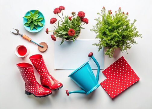 Flat Lay Gardening Postcard Design: Red Boots, Wheelbarrow & Seedlings - Powered by Adobe