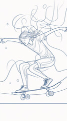 Fototapeta premium Sketch of skateboarding figure in motion. Blue line drawing showing dynamic pose of skateboarder performing trick on white background with space for text.