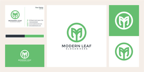 Modern Green Leaf Letter M Logo Design Business Card Template