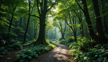 Obraz premium Nature pathway in lush forest scenic view peaceful environment