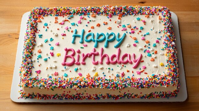 A large sheet cake decorated with festive sprinkles and a "Happy Birthday" message in bold frosting.