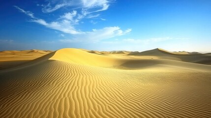 A vast desert landscape with rolling sand dunes, under a bright blue sky, highlighting the beauty and solitude of the desert.