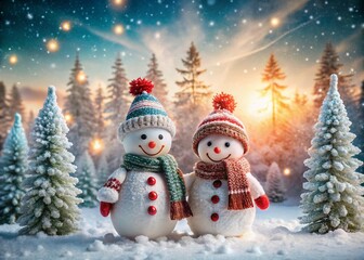 Obraz premium Festive Winter Wonderland: Snowmen, Christmas Trees & Snowy Landscape Stock Photo