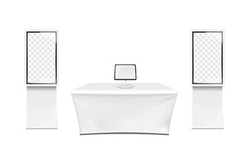 Exhibition set template. Tradeshow blank white stretch cover table for brand design, desktop digital tablet stand, interactive touch screen kiosk floor stands. Mockup. Trade show kit. Vector mock-up
