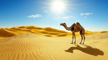 A lone camel walking through a vast desert landscape, surrounded by towering sand dunes under the hot sun.