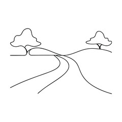 Simple Line Drawing of a Winding Road, Two Trees, Rolling Hills