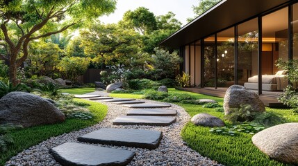 Fototapeta premium Tranquil Japanese-style garden with large flat stones
