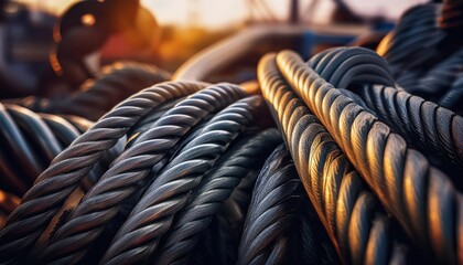 Tangled heavy duty cables glow in the sunset over the industrial area.