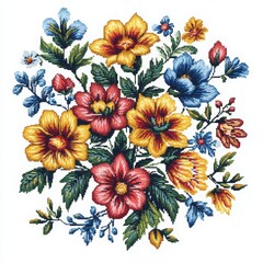 Embroidered Floral Bouquet Red, Yellow, and Blue Flowers on White