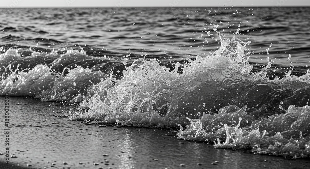 Aufkleber the image is a black and white photo of a wave crashing on the shore