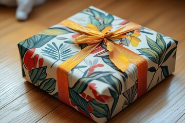 Christmas presents, beautiful gift wrap and ribbon. Gifts, on a wooden floor