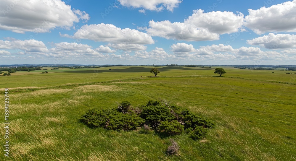 Poster A large field of grass with a small patch of trees in the middle