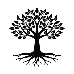 Obraz premium Black and white stylized tree, roots, leaves, nature, growth, symbol, emblem, design, illustration, 