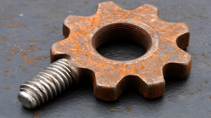 Rusted gear and bolt lying on a rusty metal surface