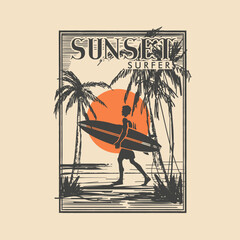 Sunset Surfer retro vintage surfing hand drawn nature poster design