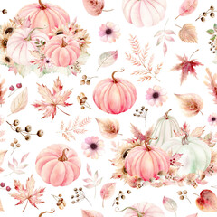 Orange and pink pumpkins, sunflowers and fall leaves on white background. Watercolor pattern in pastel colors. Drawing is drawn by hand. Suitable for cards, invitations and textiles. 