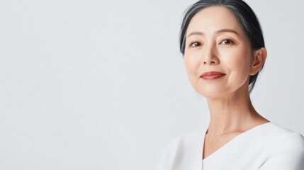 mature woman with healthy skin holding serum bottle