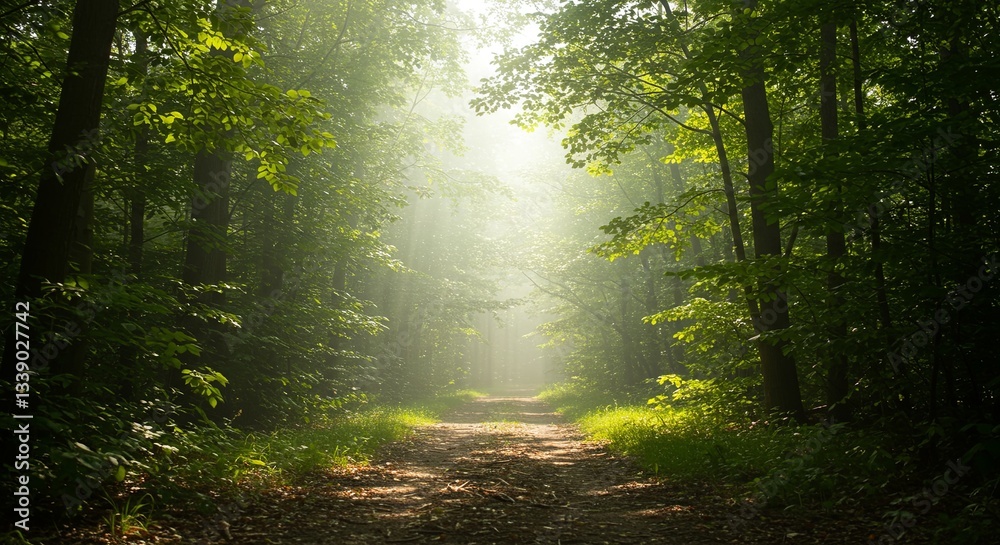 Poster A forest path with sunlight shining through the trees
