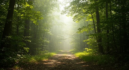 A forest path with sunlight shining through the trees