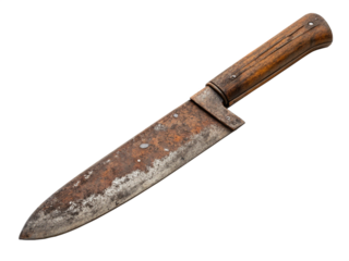 old handcrafted bushcraft knife with distressed metal blade and natural wood handle for primitive camping and hunting gear display
