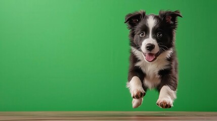 Realistic 1monthold Border Collie puppy midwalk, fluffy coat, energetic movement, filmed for VFX on a green screen