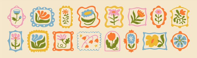 Colorful floral frame illustration set. Vintage style flower design collection. Geometric natural bouquet decoration, spring season nature flowers.