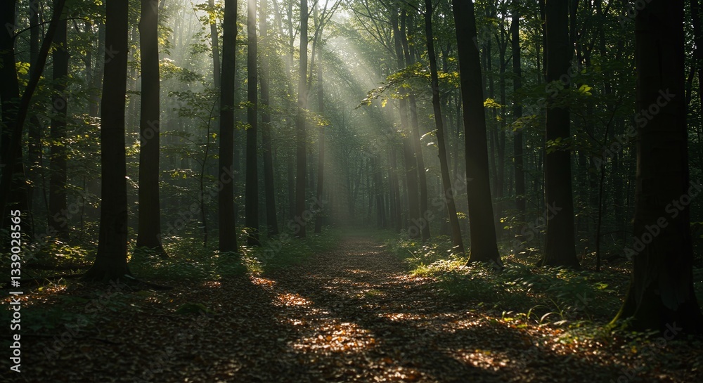 Poster a forest path is lit by the sun, creating a peaceful and serene atmosphere