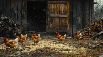 Brown hens in snowy farmyard near rustic barn