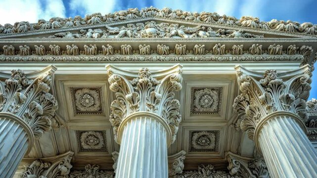Architectural Marvel: A Low Angle View of Classical Columns and Intricate Stonework