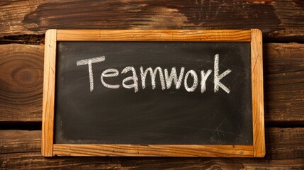 Fototapeta premium Chalkboard with Teamwork written on it against rustic wooden background