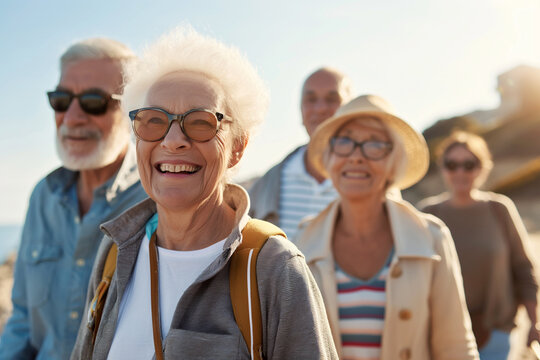A group of happy and active senior friends enjoying a sunny day outdoors. They are smiling, wearing sunglasses, and carrying backpacks, embodying adventure, friendship, and a vibrant lifestyle.