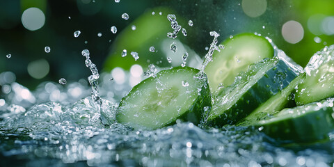 Fresh Sliced Cucumbers Splashing in Water with Green Nature Background