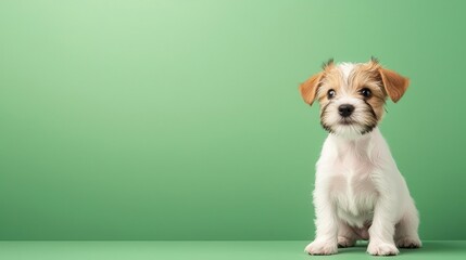 Realistic 1monthold Wire Fox Terrier puppy standing with wiry fur, energetic and playful, highresolution film capture against a green screen