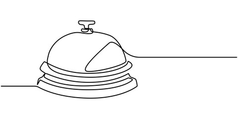 Vector continuous one single line drawing of bell in silhouette on a white background. Linear stylized, Service bell one line drawing, Service Bell, Table Bell, Service Bell Vector Line Icon, Simple.